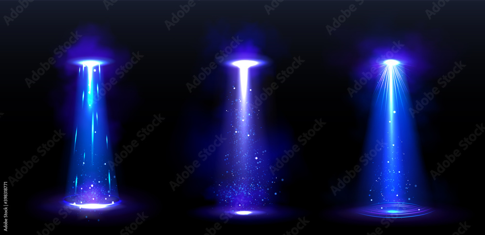 Ufo light beams, glowing rays from alien spaceships at night. Vector realistic set of spotlight effect of flying saucer illuminated fog and particles. Spacecraft glow beams on black background - obrazy, fototapety, plakaty 