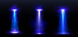Ufo light beams, glowing rays from alien spaceships at night. Vector realistic set of spotlight effect of flying saucer illuminated fog and particles. Spacecraft glow beams on black background