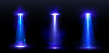 Ufo Light Beams, Glowing Rays From Alien Spaceships At Night. Vector Realistic Set Of Spotlight Effect Of Flying Saucer Illuminated Fog And Particles. Spacecraft Glow Beams On Black Background