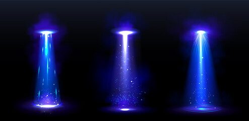 Wall Mural - ufo light beams, glowing rays from alien spaceships at night. vector realistic set of spotlight effe