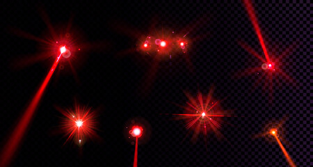 Poster - red flare lights, glow flash beams, lens effect or star sparkles. photography shining glare, digital