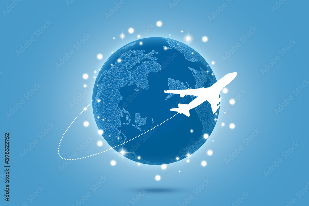 Airplane flying around world on light blue background, illustration ...