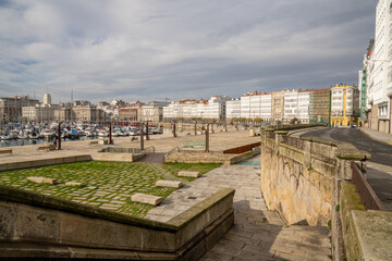 Sticker - yacht harbor  and promenade in the historic city center of La Coruna