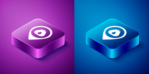 Sticker - Isometric Map pointer with fire flame icon isolated on blue and purple background. Fire nearby. Square button. Vector.