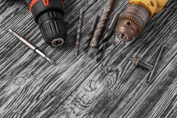 Wall Mural - Set of tools on a black wooden table.