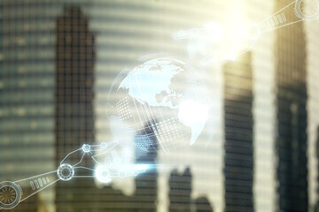 Poster - Abstract virtual robotics technology hologram with globe sketch on office buildings background. Robot development and automation concept. Multiexposure