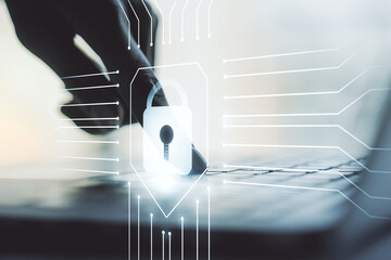 Aufkleber - Creative lock sketch with chip hologram and hands typing on computer keyboard on background, protection of personal data concept. Multiexposure