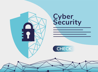 Poster - cyber security infographic with padlock in shield and circuit