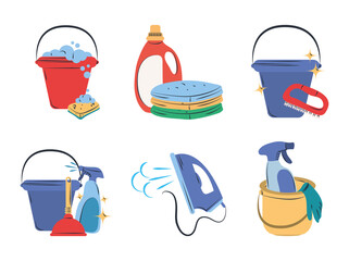 Poster - cleaning icon set bucket sponge detergent electric iron spray and laundry clothes