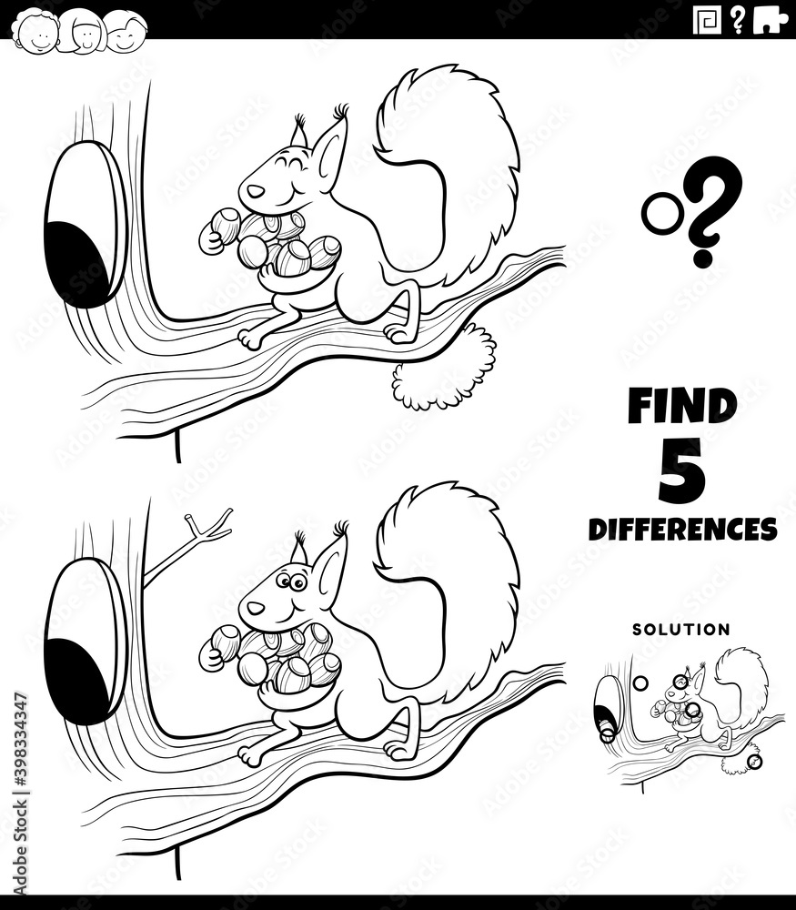 differences educational game with squirrel coloring book page Stock ...