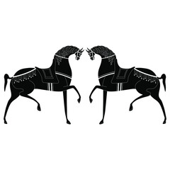 Symmetrical decor with two stylized horses. Russian folk style. Black and white silhouette.