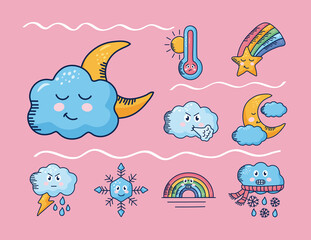 Poster - bundle of nine kawaii weather comic characters in pink background