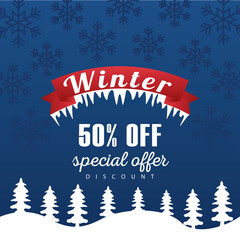 Sticker - big winter sale poster with ribbon frame in snowscape