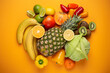 Fruit, citrus, vegetables with vitamin C, yellow orange background top view. Vitamin C natural sources for immunity stimulation, against viruses and avitaminosis. Healthy food to boost immune system.