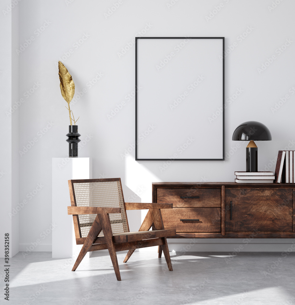 Mockup poster frame in minimalist modern interior background, 3d render - obrazy, fototapety, plakaty 