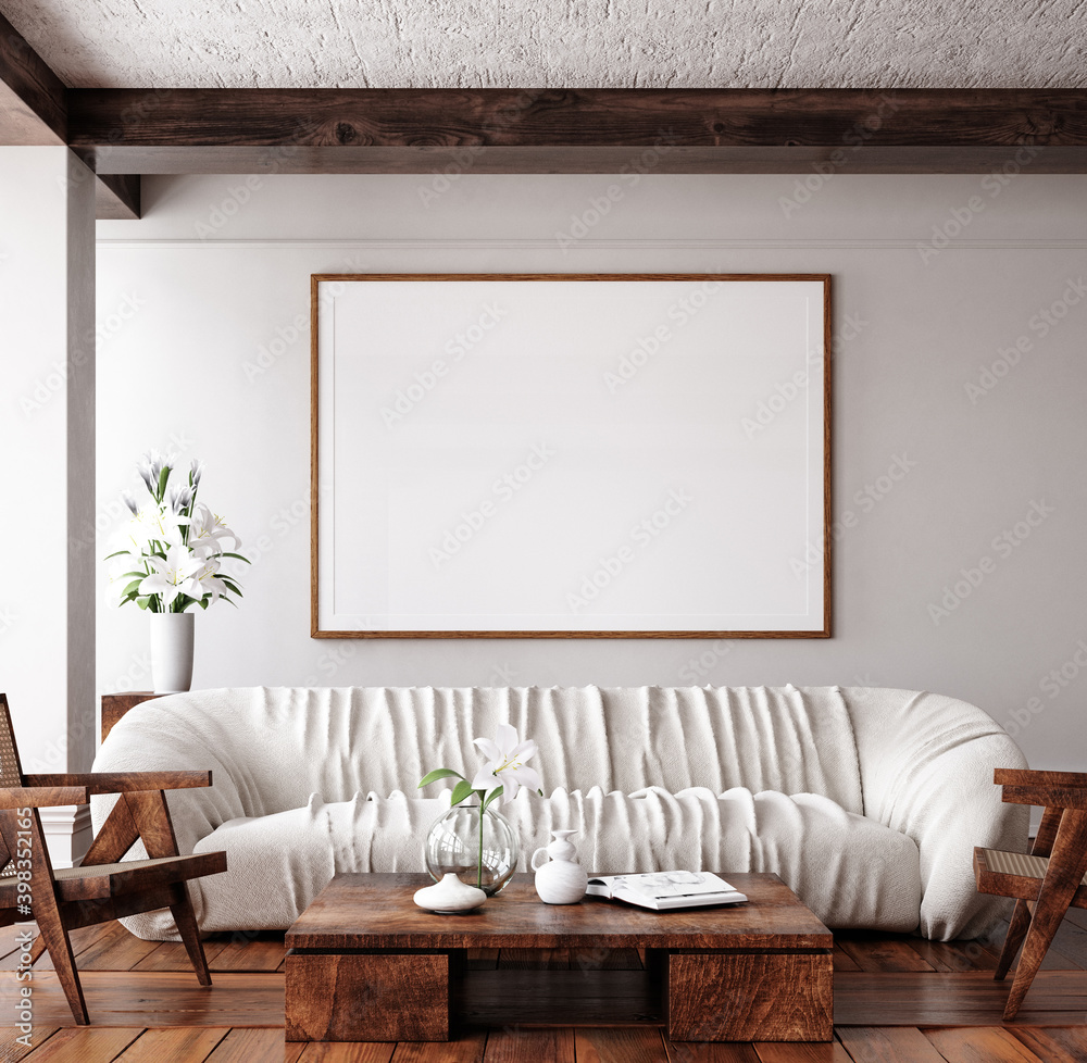 Mockup frame in traditional home interior background, 3d render - obrazy, fototapety, plakaty 