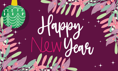 Poster - happy new year ball and leaves foliage season with hand drawn text