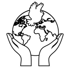 Sticker - hands lifting earth planet and dove bird flying line style icon