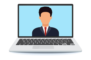 Poster - Worker using computer for virtual meeting. The man at the computer. videoconference, remote work. Video conferencing user interface. Video call screen interface template. 