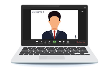 Poster - Worker using computer for virtual meeting. The man at the computer. videoconference, remote work. Video conferencing user interface. Video call screen interface template. 