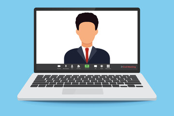 Poster - Worker using computer for virtual meeting. The man at the computer. videoconference, remote work. Video conferencing user interface. Video call screen interface template. 