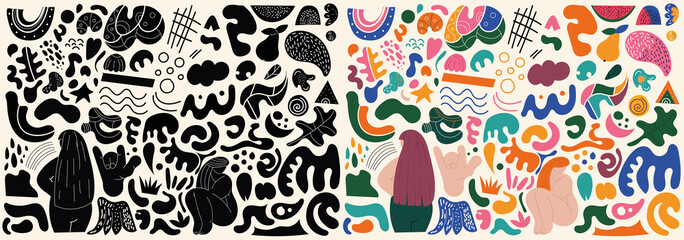 Wall Mural - big set of hand drawn various isolated colorful and black and white shapes and doodle objects. abstr
