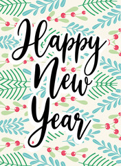 Poster - happy new year black handwritten text on holly leaves and berries