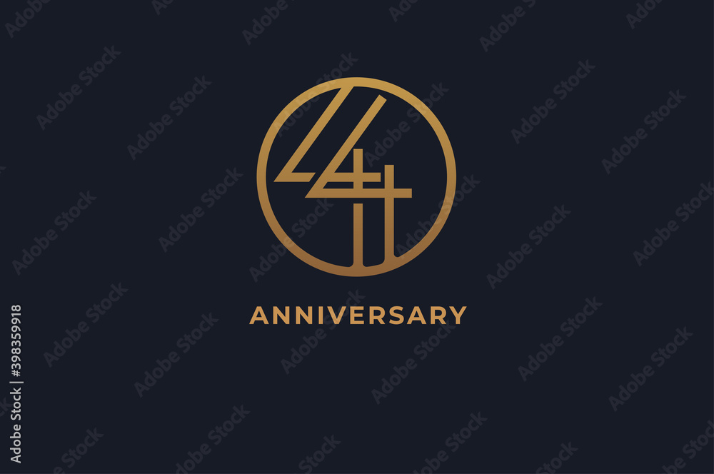 Number 44 logo, gold line circle with number inside, usable for anniversary and invitation, golden number design template, vector illustration - obrazy, fototapety, plakaty 