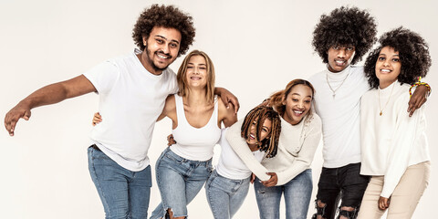 Wall Mural - Group of multiracial happy friends smiling to the camera.