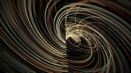 Wall Mural - Abstract energy tunnel in outer space. Animation. Flowing vortex energy of many golden bended lines on black background, seamless loop.