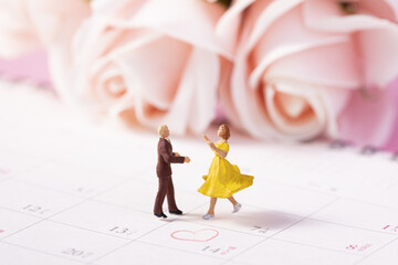 Poster - Creative shot of Valentine's day romantic doll dancing couple on a pink rose background