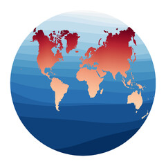 World Map Vector. Van der Grinten II projection. World in red orange gradient on deep blue ocean waves. Awesome vector illustration.