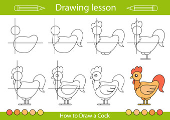 Sticker - Drawing tutorial a cock. Step by step drawing lesson for children. Actives worksheets with cartoon animals. Kids funny activity art page. Vector illustration.