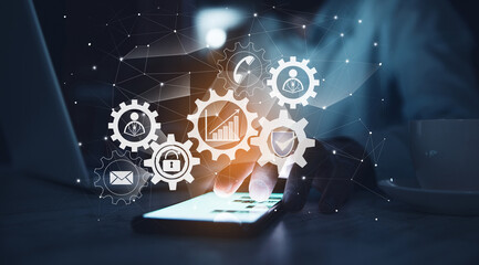 Business process abstract diagram with gears and icons