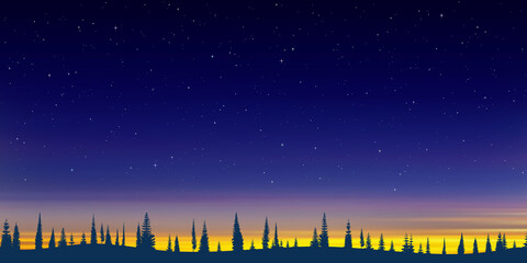 Wall Mural - forest on the horizon and stars in the sunset sky. vector illustration.
