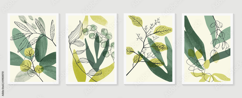 Botanical wall art vector set. Water color boho foliage line art drawing with  abstract shape.  Abstract Plant Art design for print, cover, wallpaper, Minimal and  natural wall art. - obrazy, fototapety, plakaty 