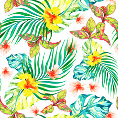 Wall Mural - Beautiful seamless watercolor  floral pattern, summer background with tropical flowers and palm leaves