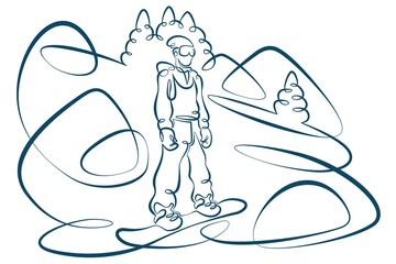 Snowboarder athlete tourist with a board stands in the snow.Winter landscape of fir forests and mountains.One line continuous thick bold single drawn art doodle isolated hand drawn outline logo illust