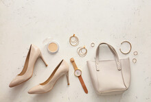 Stylish Bag, Accessories And Shoes On Color Background
