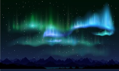realistic northern lights, vector illustration. night sky and amazing polar lights, mountain landsca