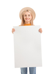 Beautiful young woman with blank poster on white background