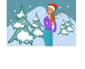 Wall Mural - Cute cartoon girl in a Santa-Clous hat is drinking coffee and standing on a dark background. Vector.