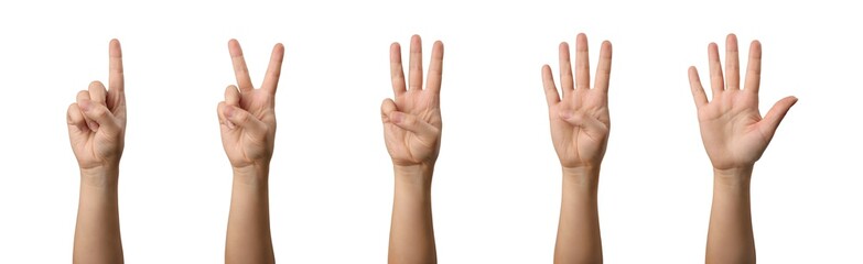 woman hands counting from one to five. set of the gestures for communication