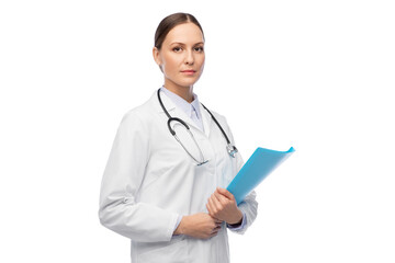 Sticker - medicine, profession and healthcare concept - female doctor in white coat with folder and stethoscope