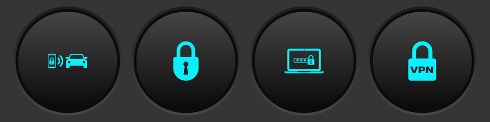 Poster - set smart car alarm system, lock, laptop with password and vpn icon. vector.