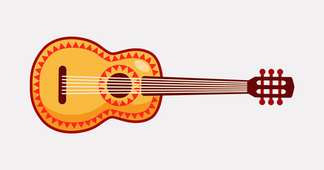 Mexican guitar isolated on white, musical instrument. Spanish guitar icon. Vector illustration.