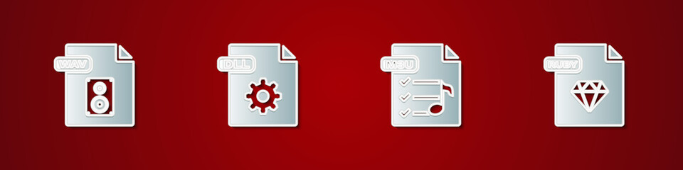 Set WAV file document, DLL, M3U and RUBY icon. Vector.