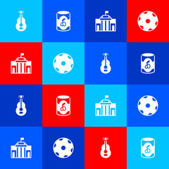 Sticker - Set Spanish guitar, Olives in can, Prado museum and Football ball icon. Vector.