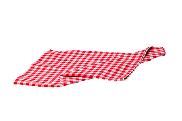 Towels isolated. Close-up of red and white checkered napkin or picnic tablecloth texture isolated on a white background. Kitchen towel.