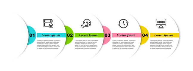 Set line Calendar with check mark, Clock, and on monitor. Business infographic template. Vector.